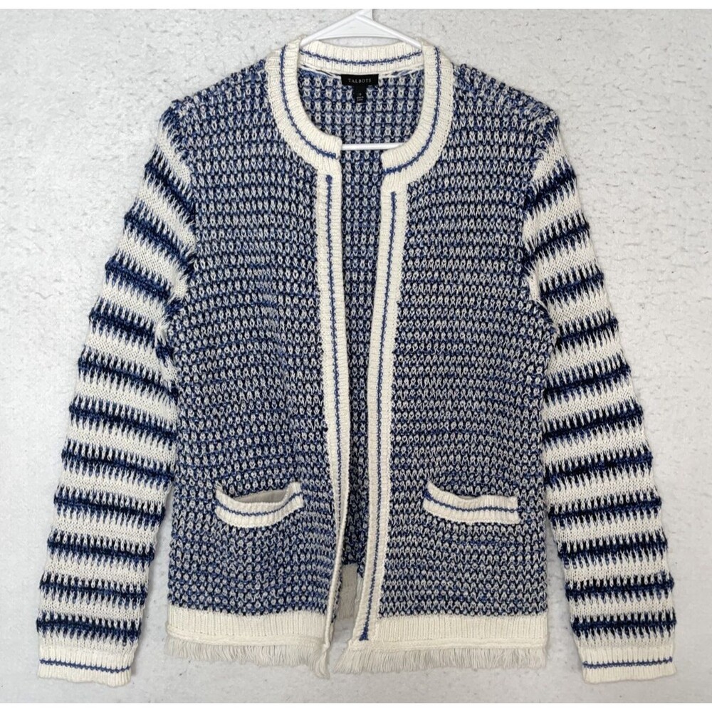 TALBOTS Jacket Cardigan Women’s S Blue White Textured Fringe Stripe Preppy